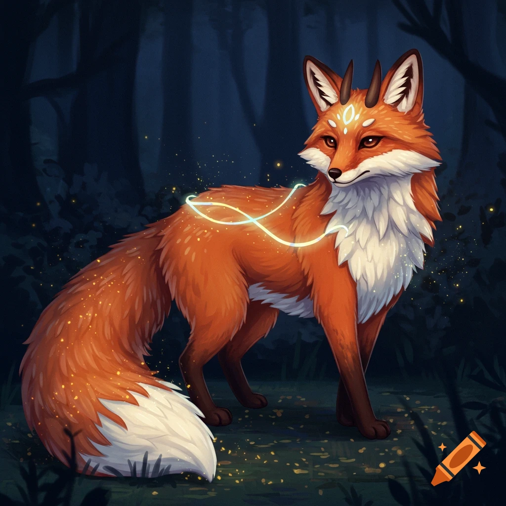 A magical orange and white fox with small horns and glowing markings stands in a dark forest, its tail sparkling.