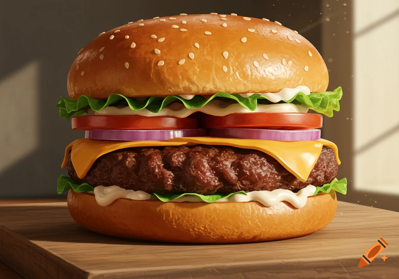 A perfectly stacked cheeseburger with lettuce, tomato, red onion, and mayonnaise on a sesame seed bun, resting on a wooden board.