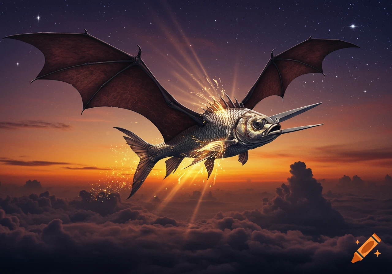 A fish with metallic scales, bat wings, and a scissor mouth flies through a starry twilight sky above clouds, glowing with sparks.
