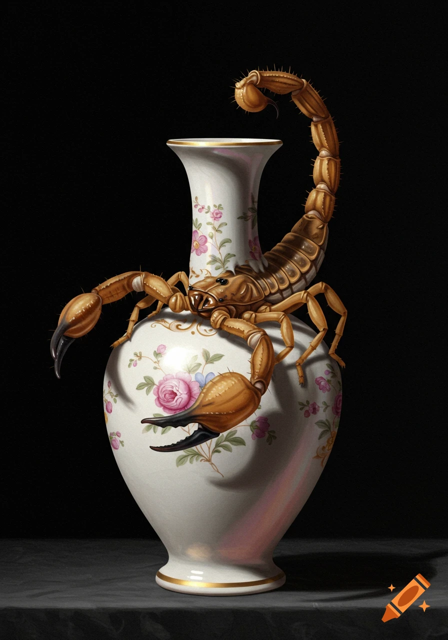 A realistic brown scorpion crawls on a white porcelain vase with pink floral patterns, against a black background.