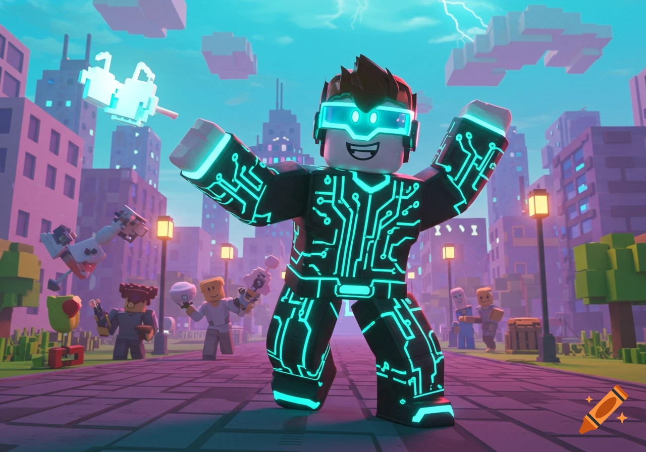 A blocky character in a black suit with neon blue circuit patterns and VR goggles stands in a stylized city.