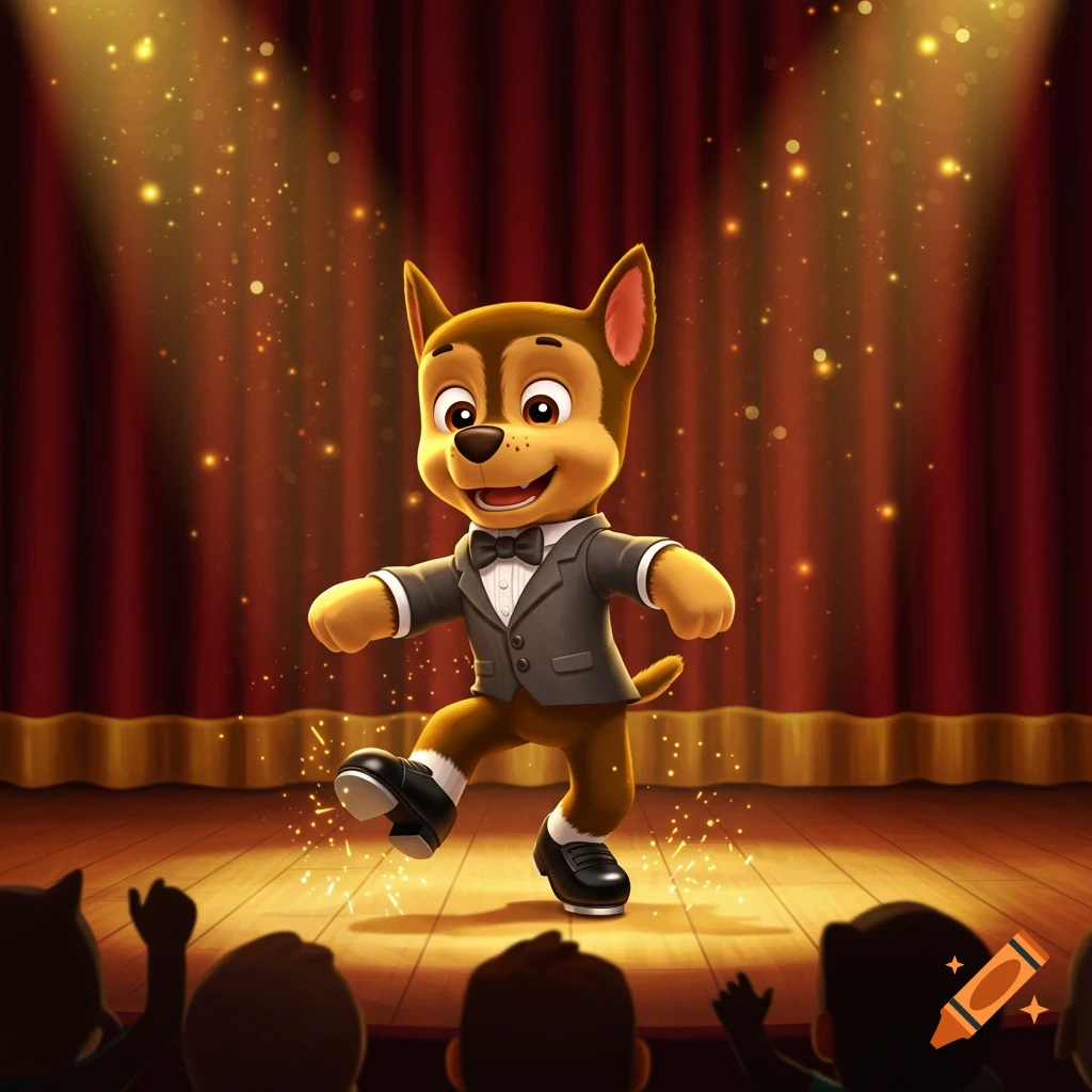 Cartoon dog Chase from Paw Patrol in a tuxedo tap dancing on a spotlight-lit stage with red curtains and an audience.