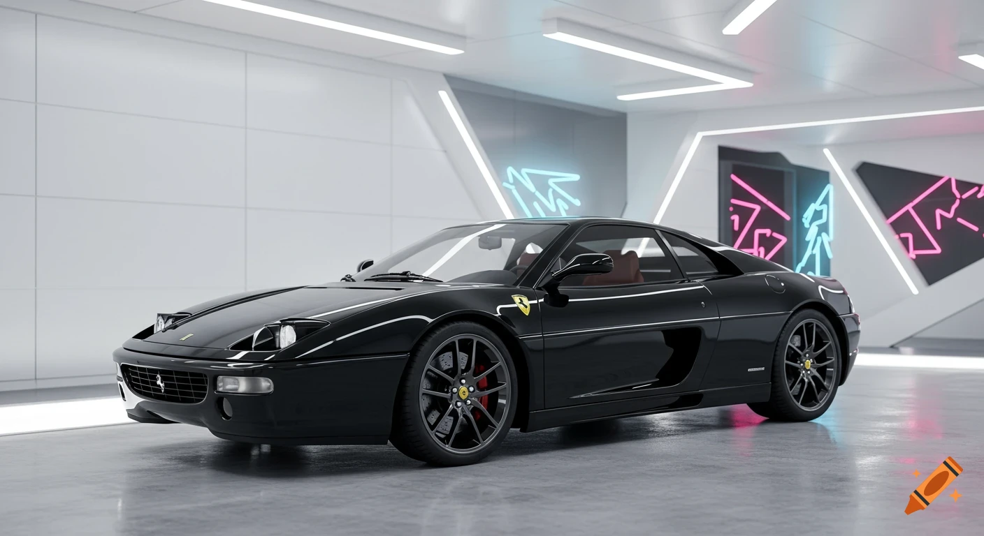 A sleek black Ferrari sports car with pop-up headlights sits in a modern white garage with neon light accents.