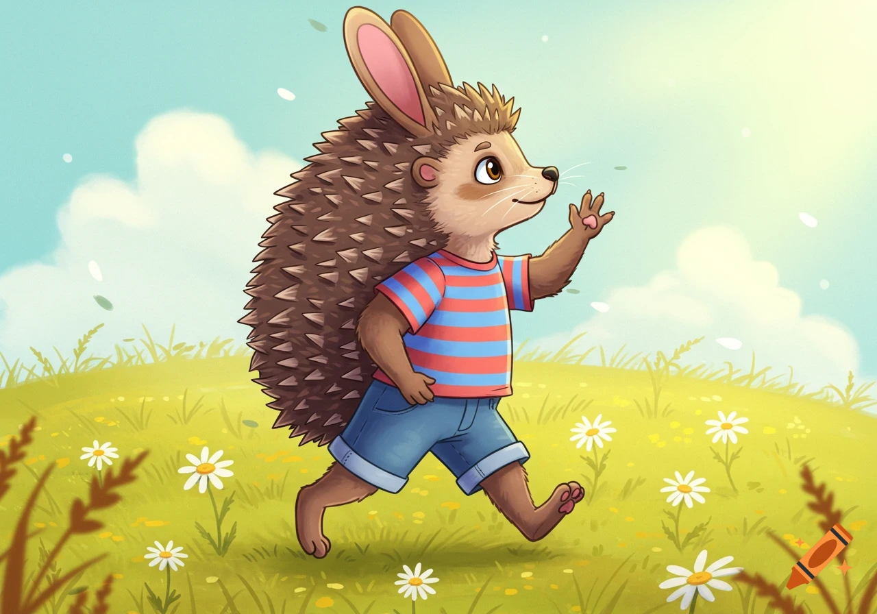 A cartoon hedgehog with long rabbit ears, wearing a striped shirt and jeans, walks and waves in a sunny green field with white daisies.