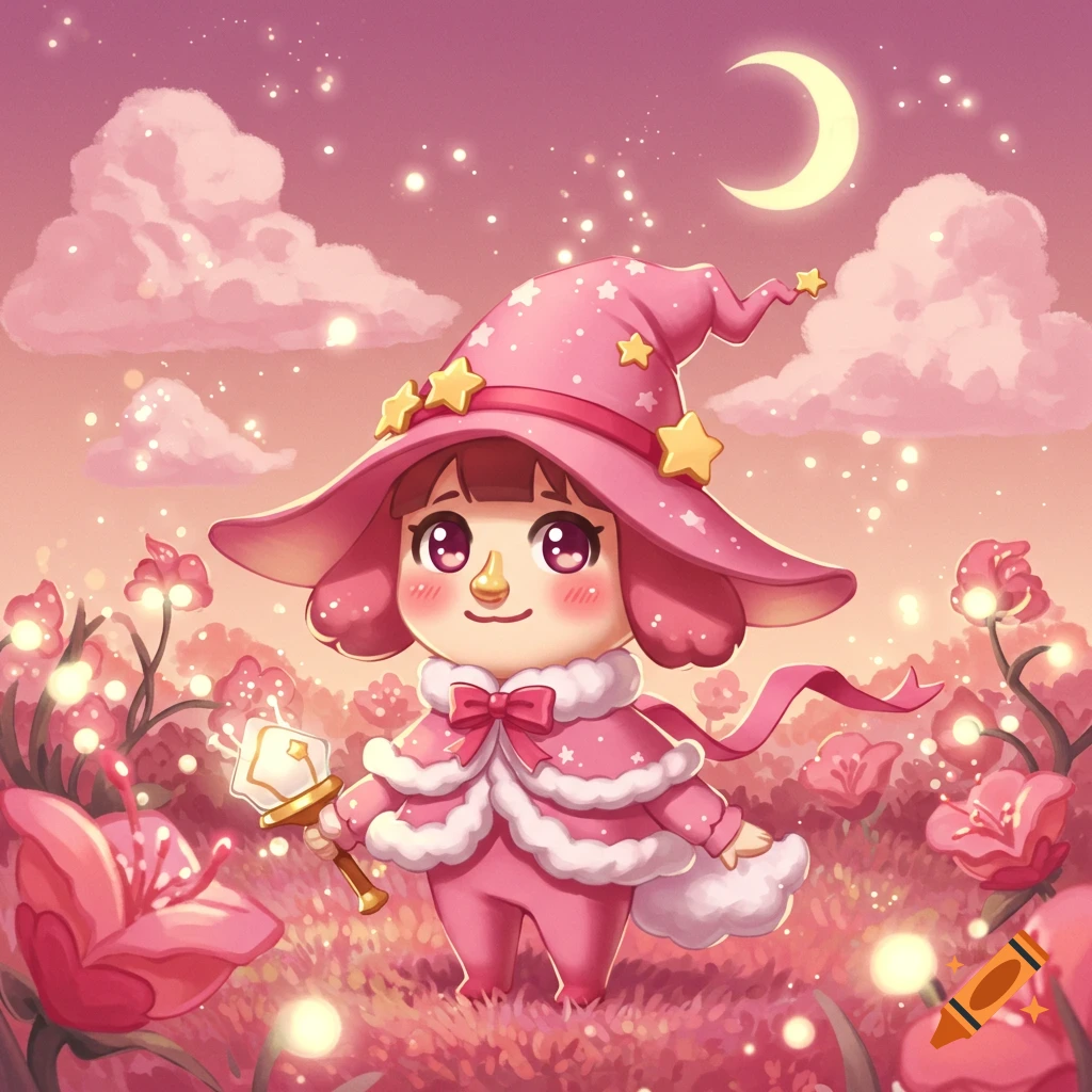 A cute pink cartoon character in a starry witch hat and cape holds a glowing staff amidst a magical pink forest with sparkling flowers under a crescent moon.