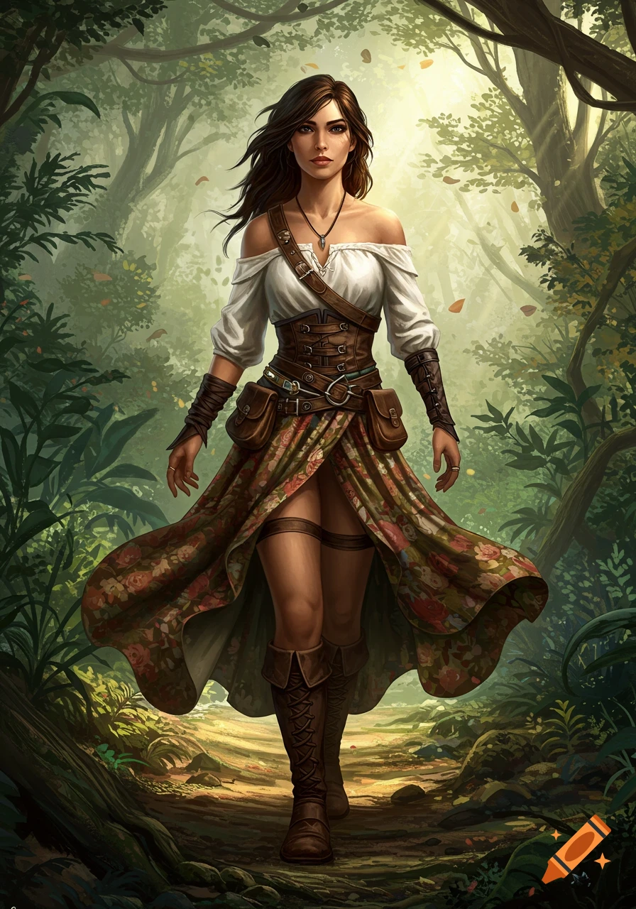 A fantasy woman with a flowing floral skirt, corset, and off-shoulder blouse walks through a sun-dappled forest path.