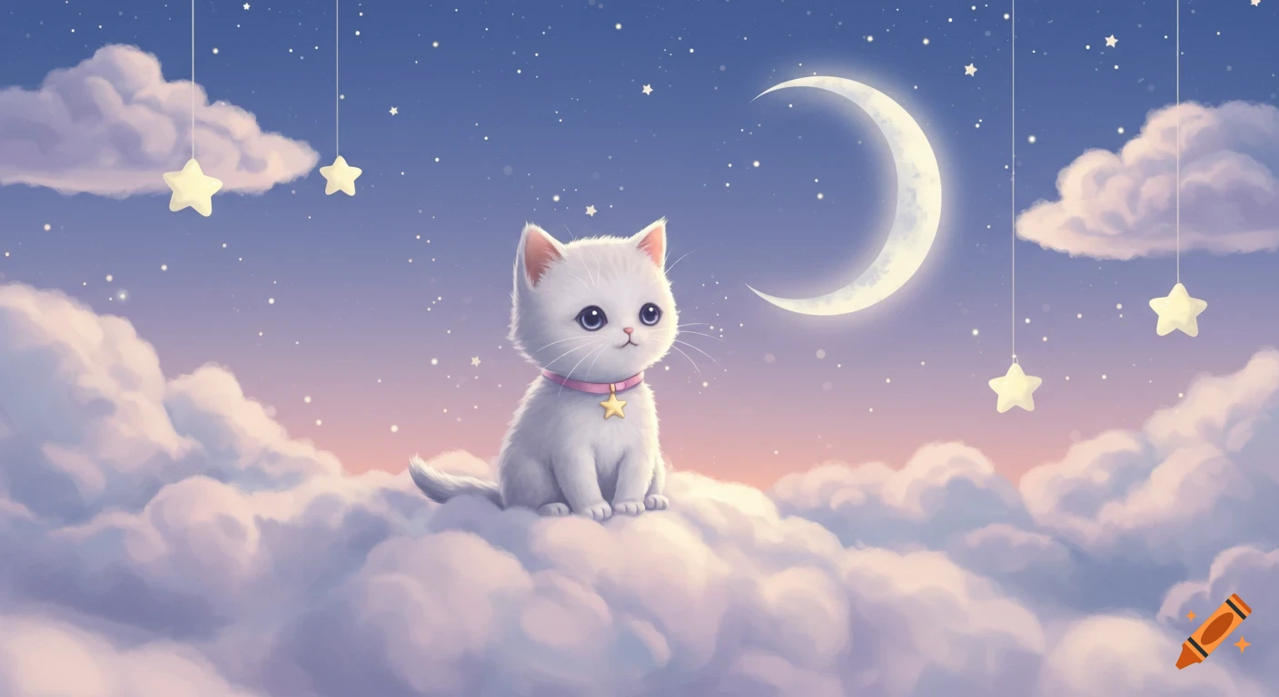 A dreamy illustration of a white kitten with a star collar sitting on a fluffy cloud in a twilight sky with a crescent moon and floating stars.