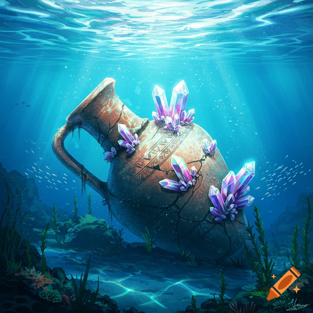 Ancient, cracked amphora covered in glowing purple and blue crystals resting on the seabed, sunlight filtering through clear blue water.