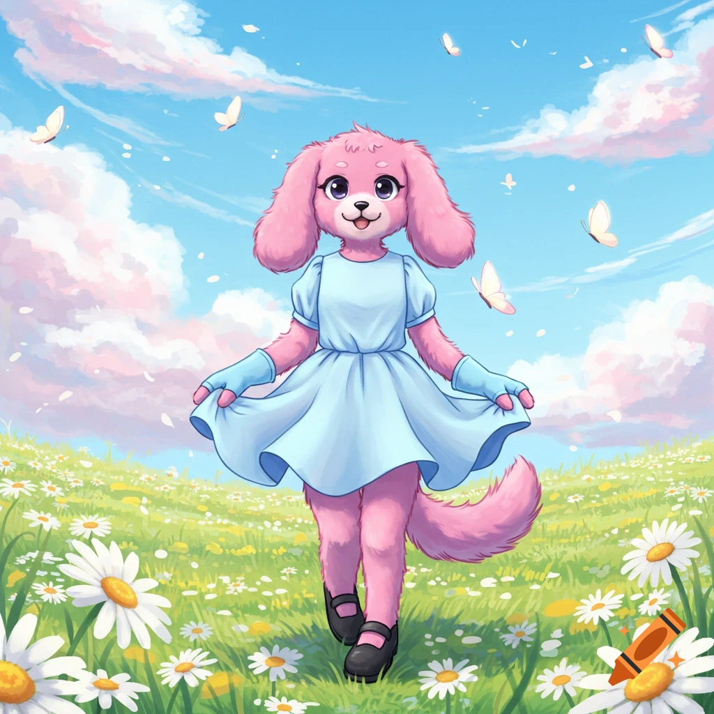 A pink furry dog with floppy ears, wearing a light blue dress and blue fingerless gloves, stands in a field of daisies under a blue sky, anime style.