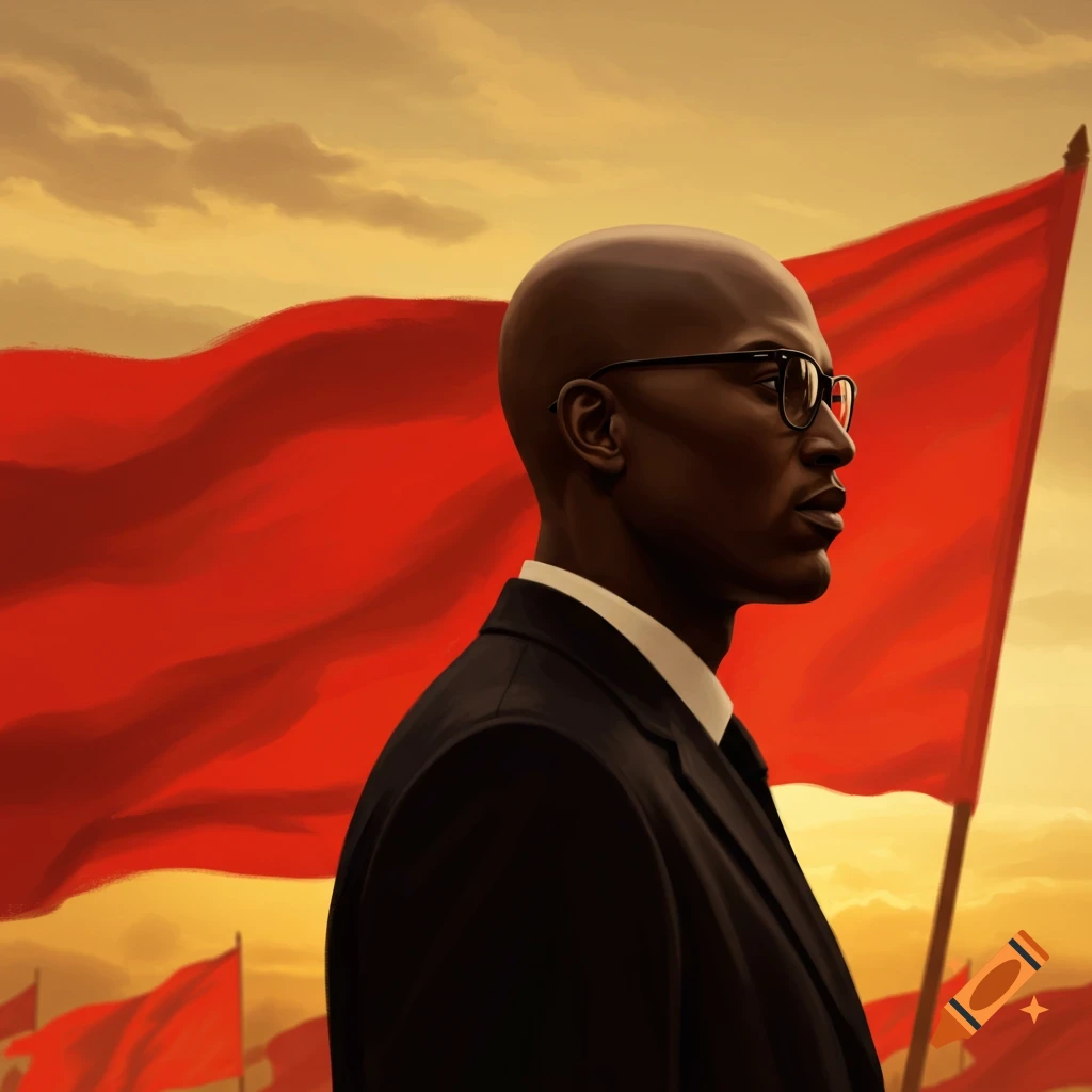 Profile of a bald man in a suit and glasses against a backdrop of waving red flags under a golden sky.