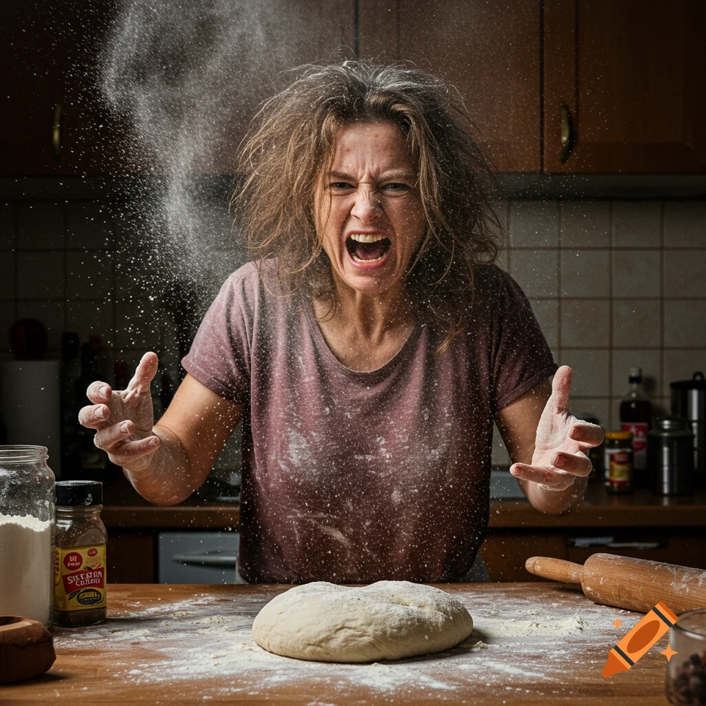 Photorealistic image of a frustrated woman screaming, covered in flour, in a kitchen with dough.