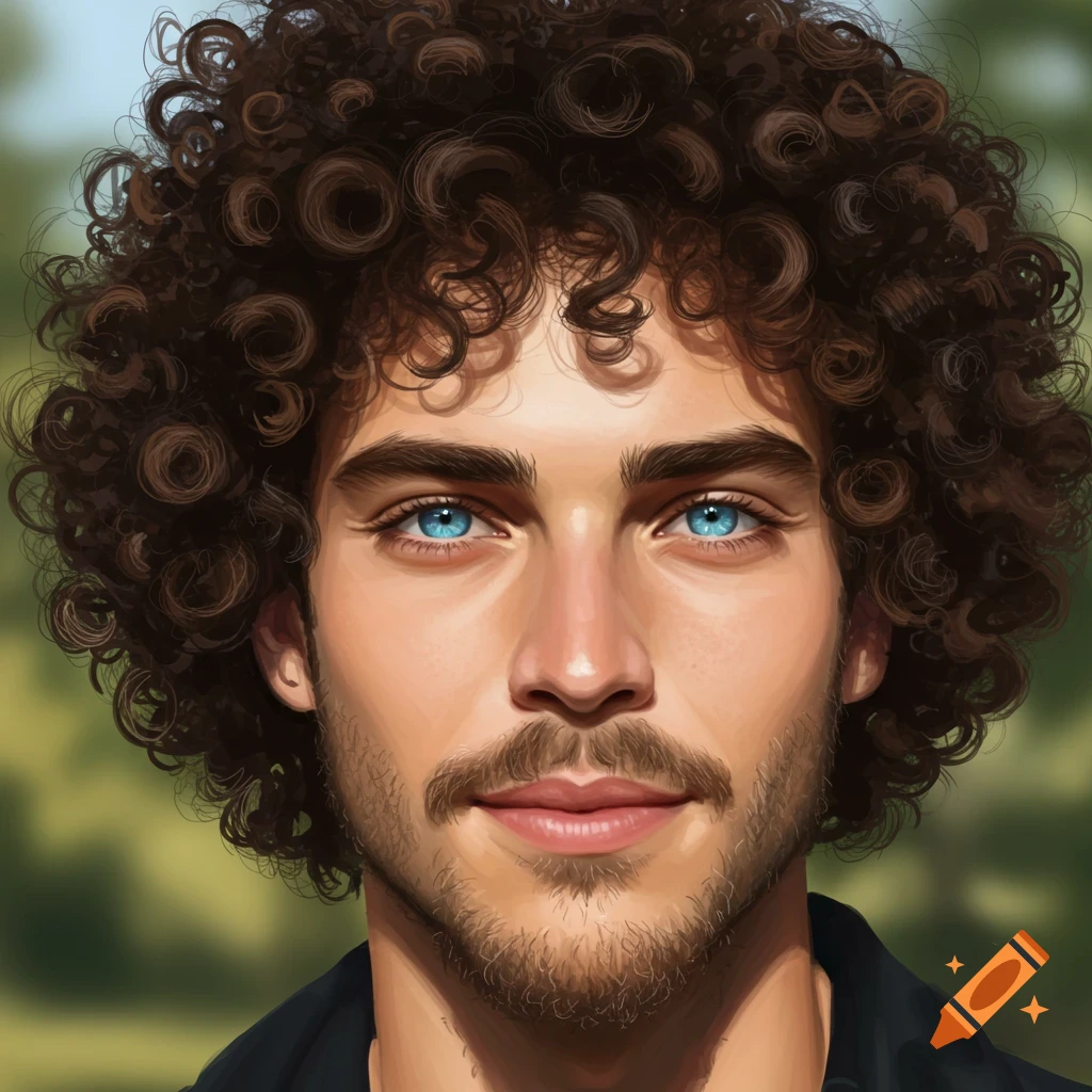 A photorealistic close-up portrait of a man with dark curly hair, bright blue eyes, and light stubble against a soft green background.