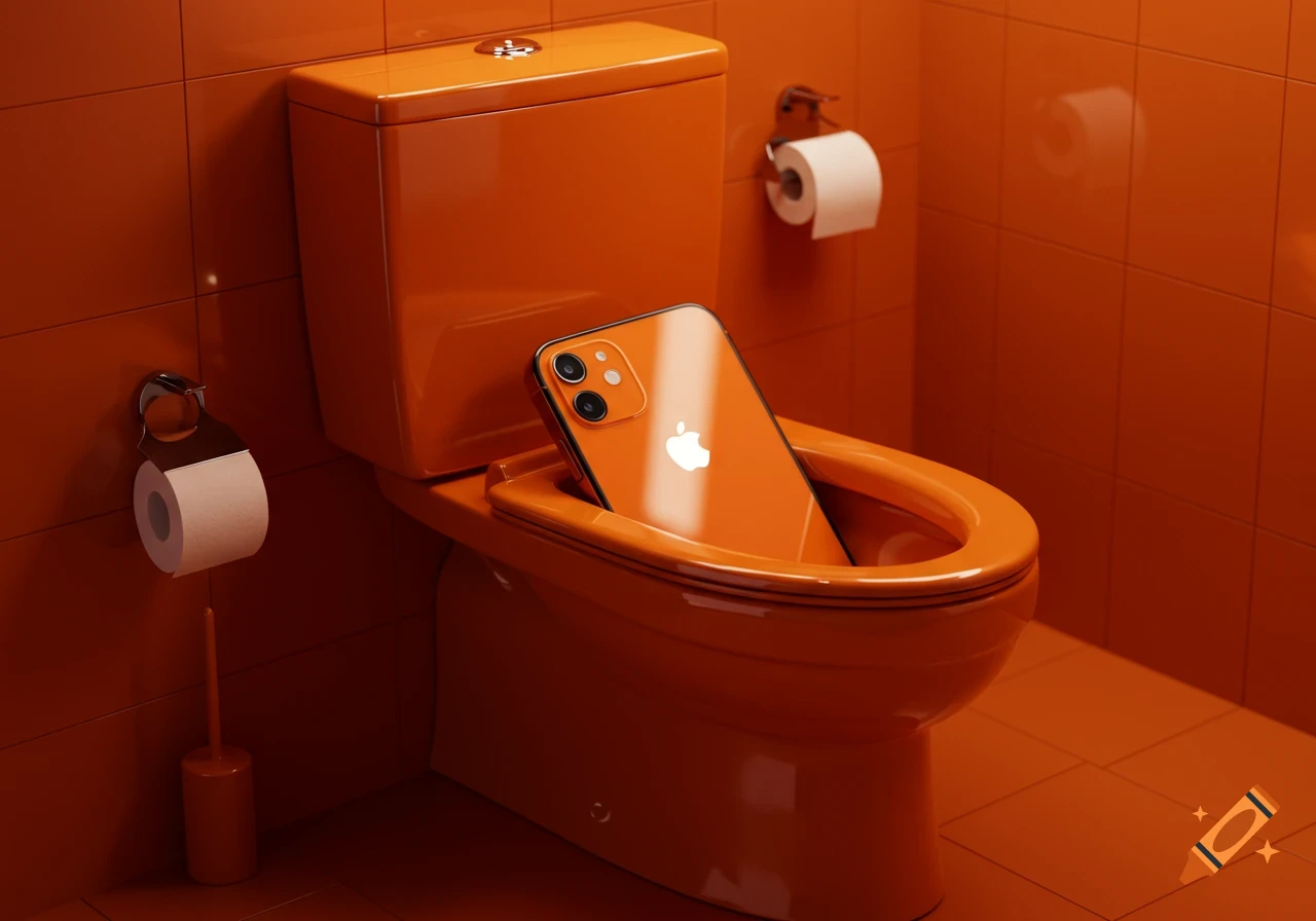 An orange iPhone partially submerged in a matching orange toilet in a monochromatic orange bathroom.