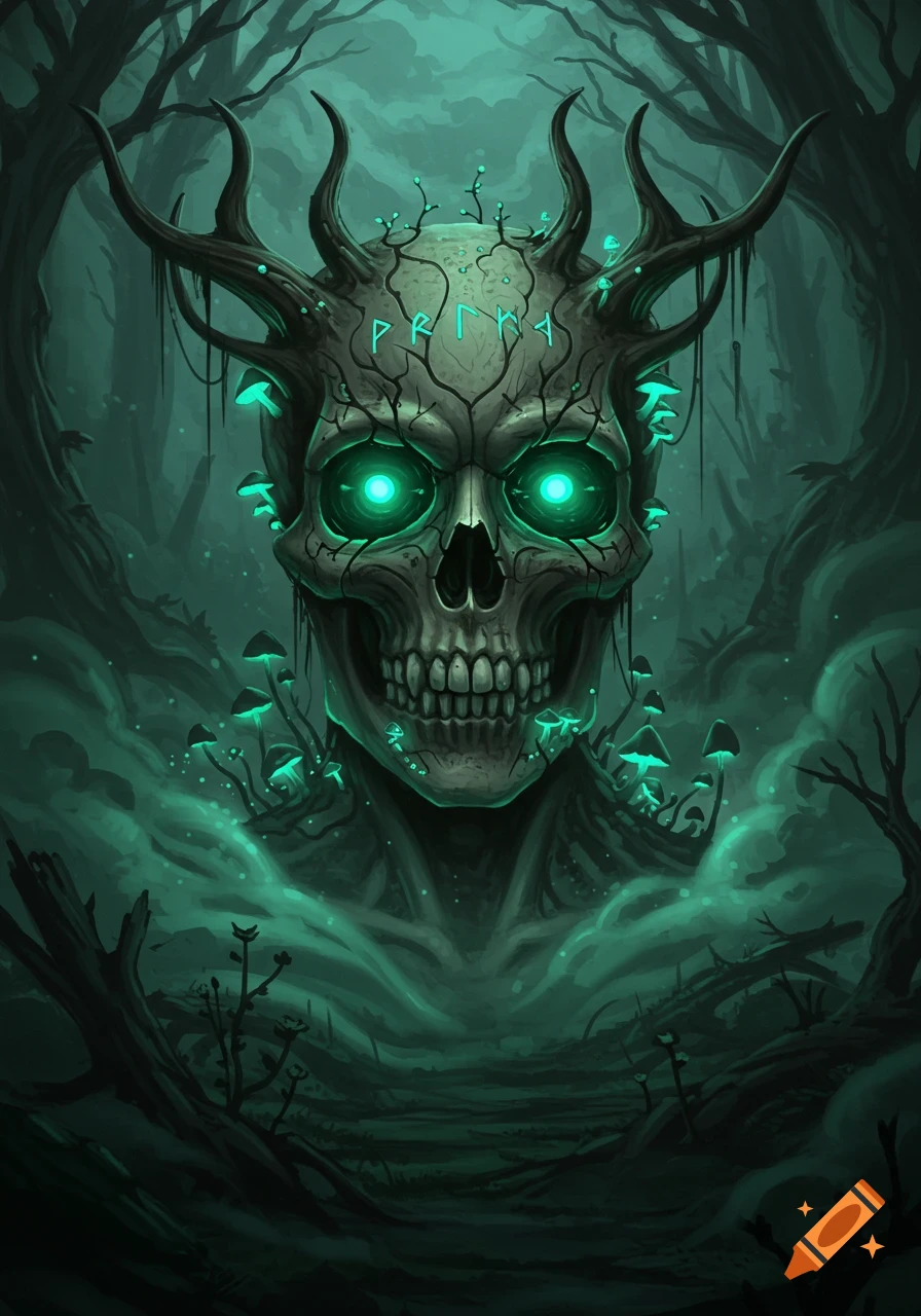A dark fantasy illustration of a skull-like entity with glowing green eyes, horns, and roots in a misty forest.
