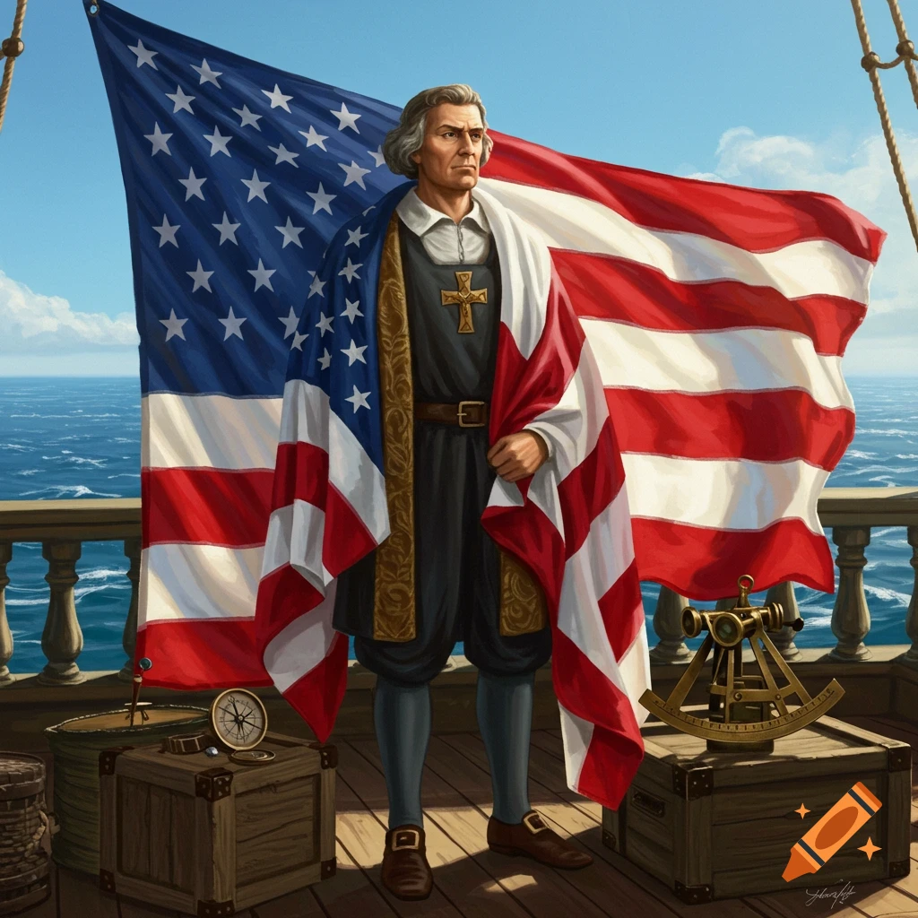 Illustration of Christopher Columbus, draped in an American flag, standing on a ship's deck with the ocean in the background.