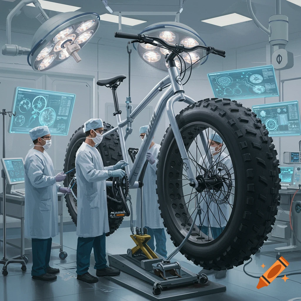 Doctors in scrubs and masks perform surgery on a large fat-tire bicycle in a sterile operating room, with digital screens displaying diagrams in the background.