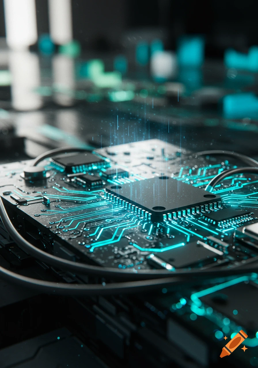 Close-up, high-angle view of a dark circuit board with glowing teal-blue lines and microchips, showing digital light streams above the main chip.