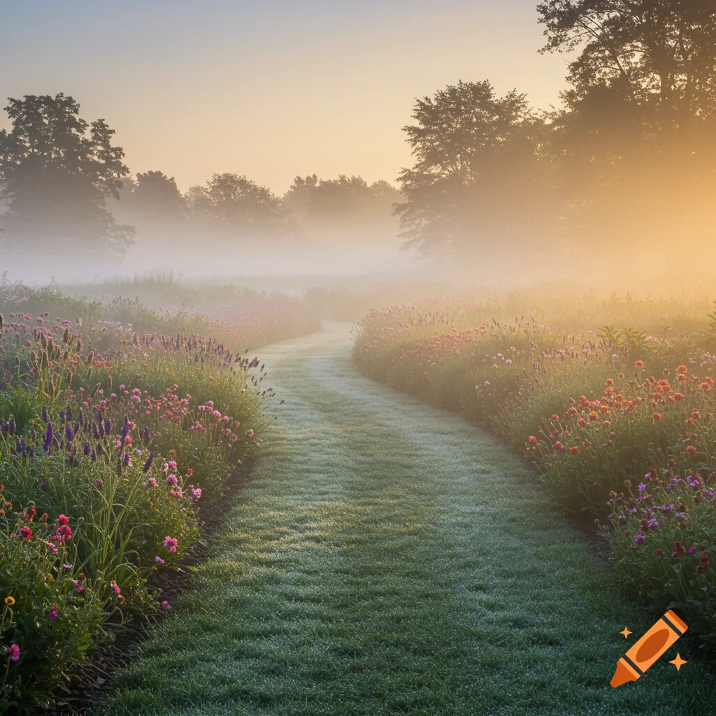 A winding grassy path through a misty garden filled with colorful wildflowers and trees at sunrise.