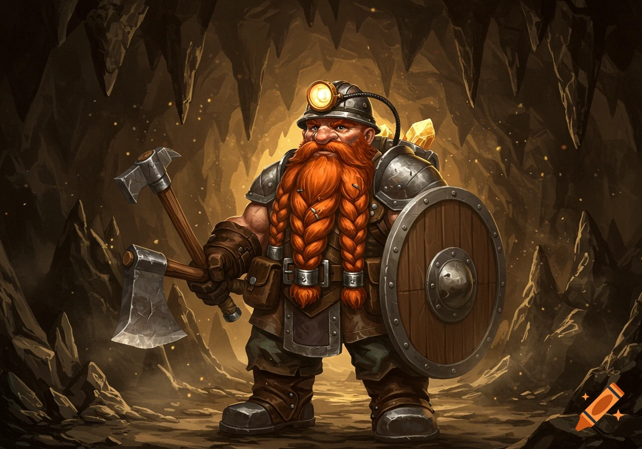 A fantasy dwarf miner with a braided red beard, helmet, two axes, and a shield stands in a glowing cave.