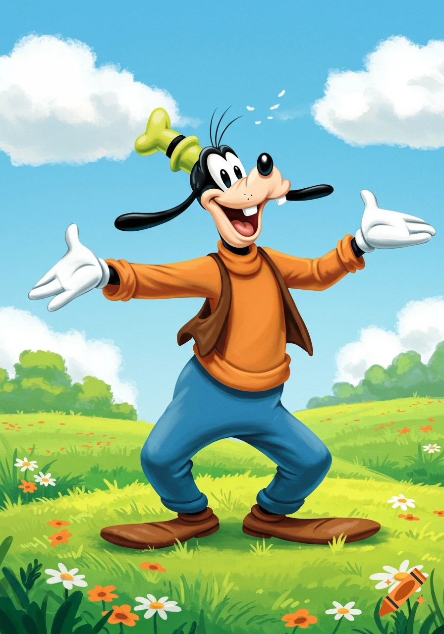A cartoon illustration of Disney's Goofy smiling with arms outstretched in a sunny green field with flowers and clouds.