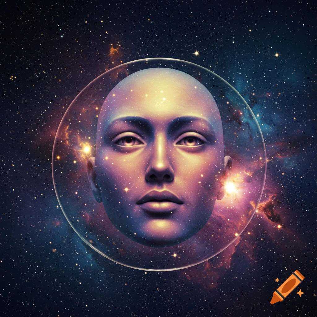 A stylized, bald head within a glass sphere, floating in a vibrant cosmic background of stars and nebulae.