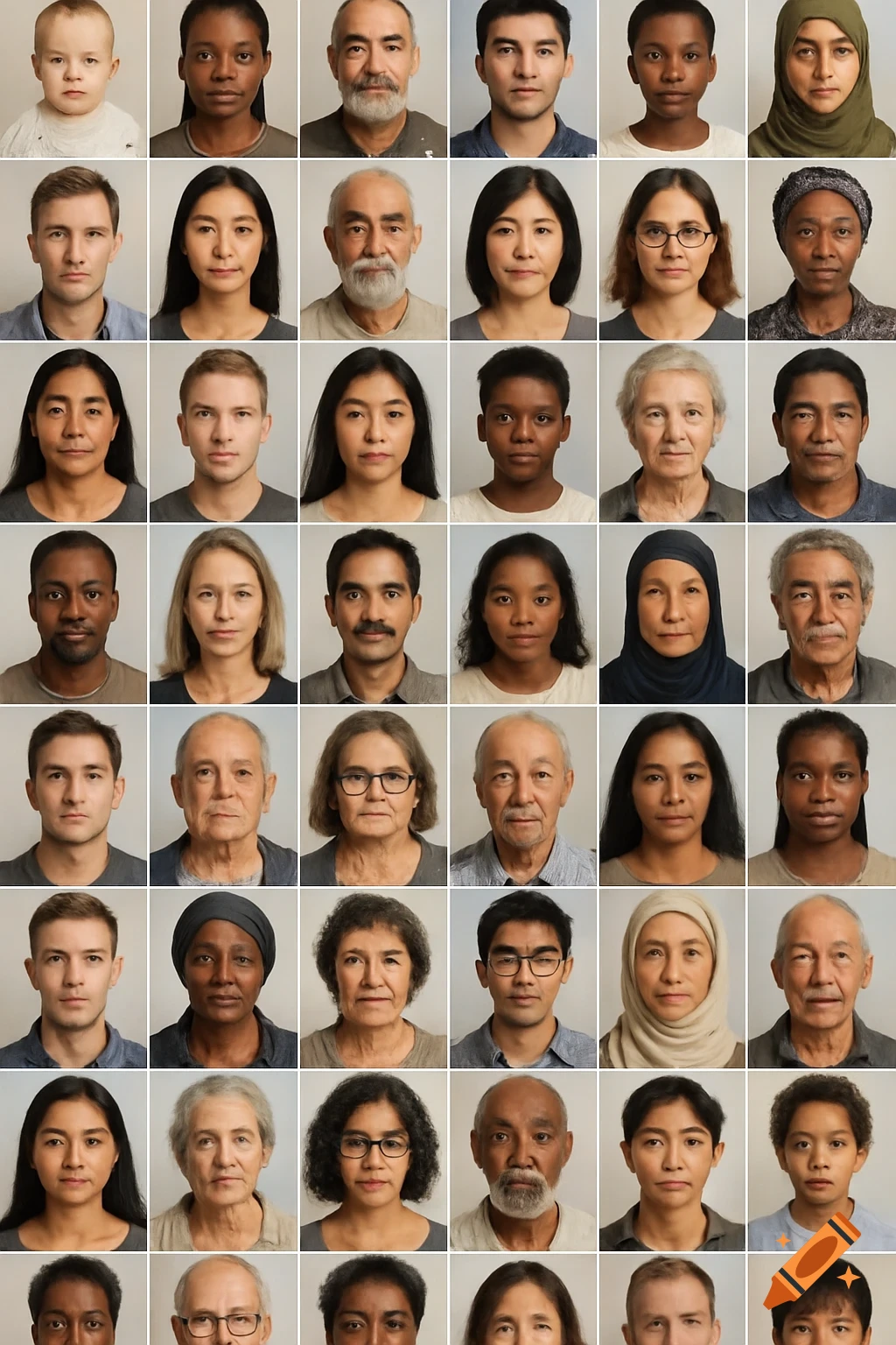 A grid of diverse, synthetic passport-style portraits of people of varying ages and ethnicities, each with an ID number.