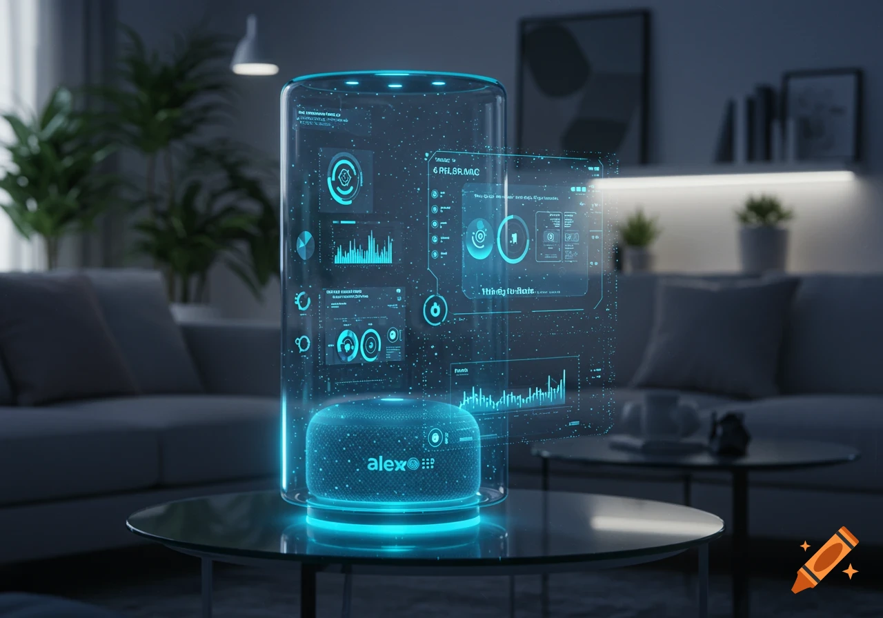 A glowing cylindrical smart speaker on a glass table in a modern living room, projecting blue holographic data interfaces.