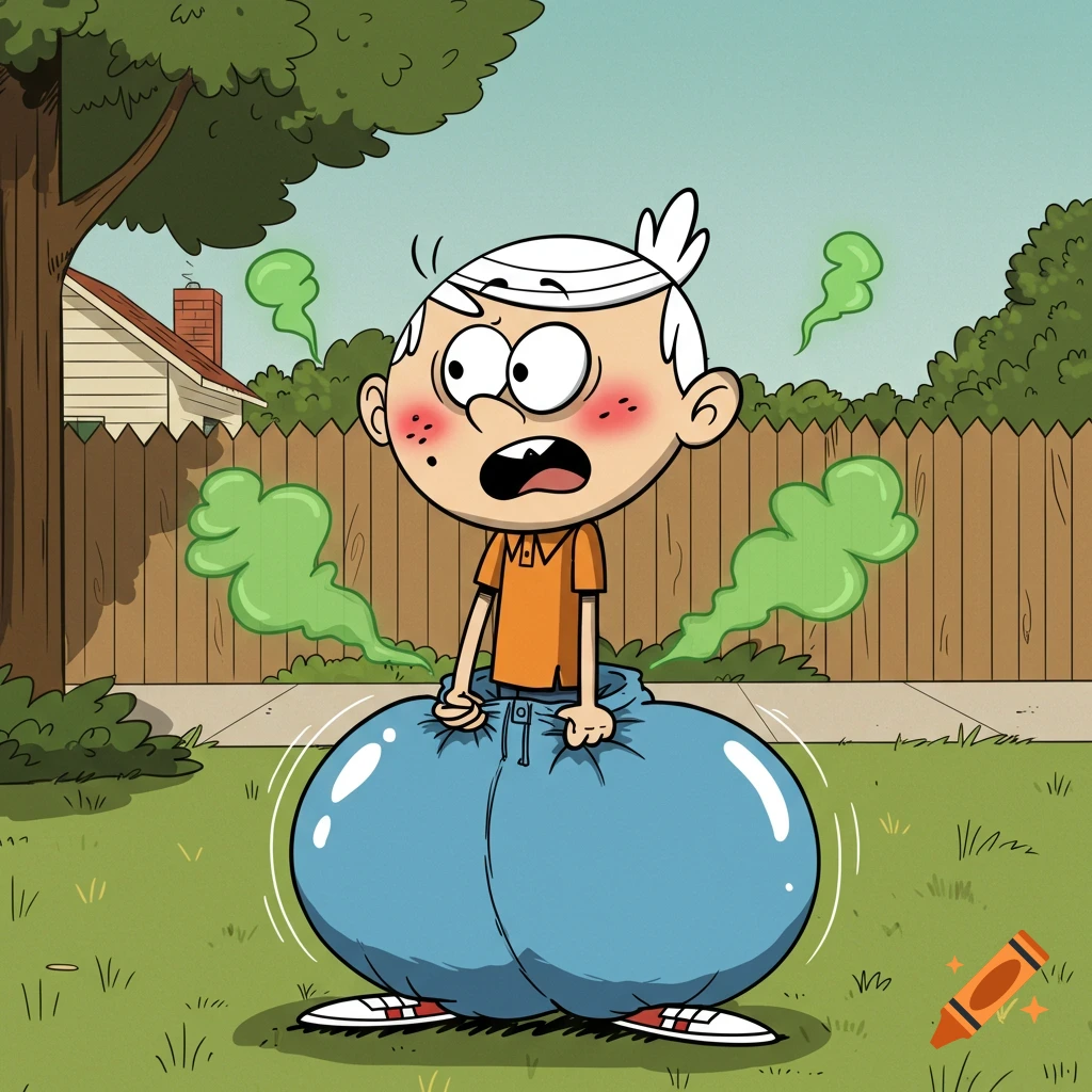 Cartoon Lincoln Loud stands in a backyard with his pants inflated like a balloon and green farts around him, looking surprised and embarrassed.