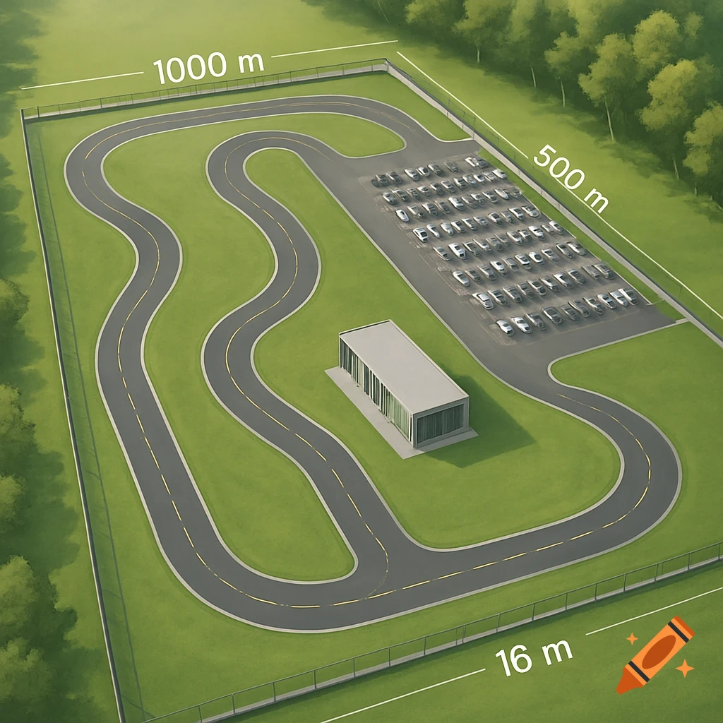 Aerial illustration of a race track and parking lot with a building, surrounded by trees and labeled with dimensions.