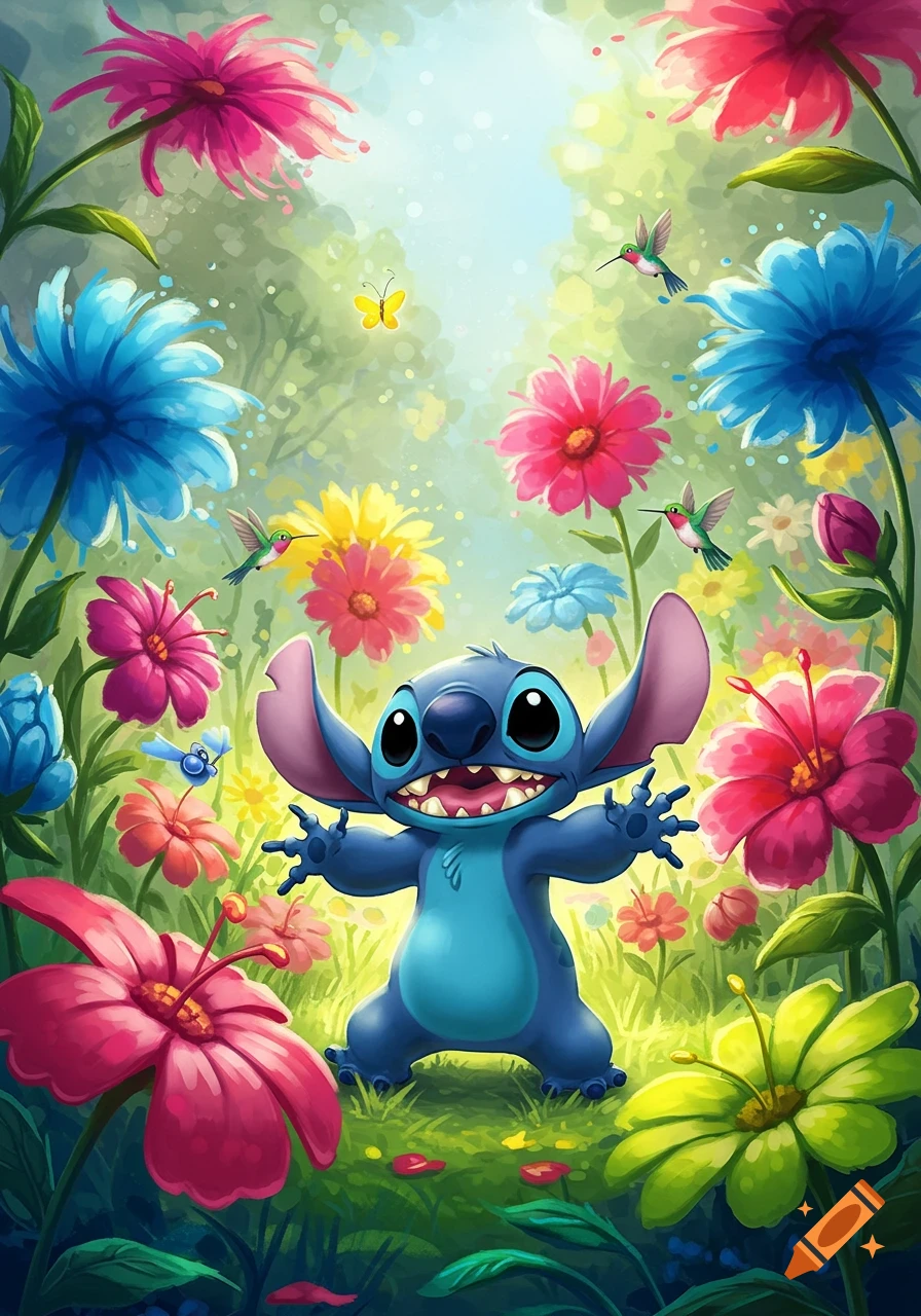Stitch standing happily in a vibrant, colorful garden filled with large pink, blue, and yellow flowers, with hummingbirds and a butterfly.