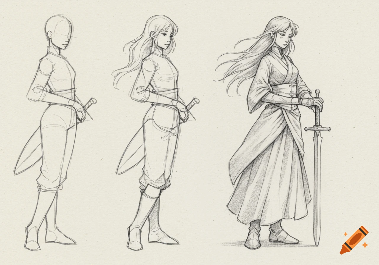 Pencil sketch showing the progression of drawing a sword-wielding girl, from basic shapes to a fully rendered character.