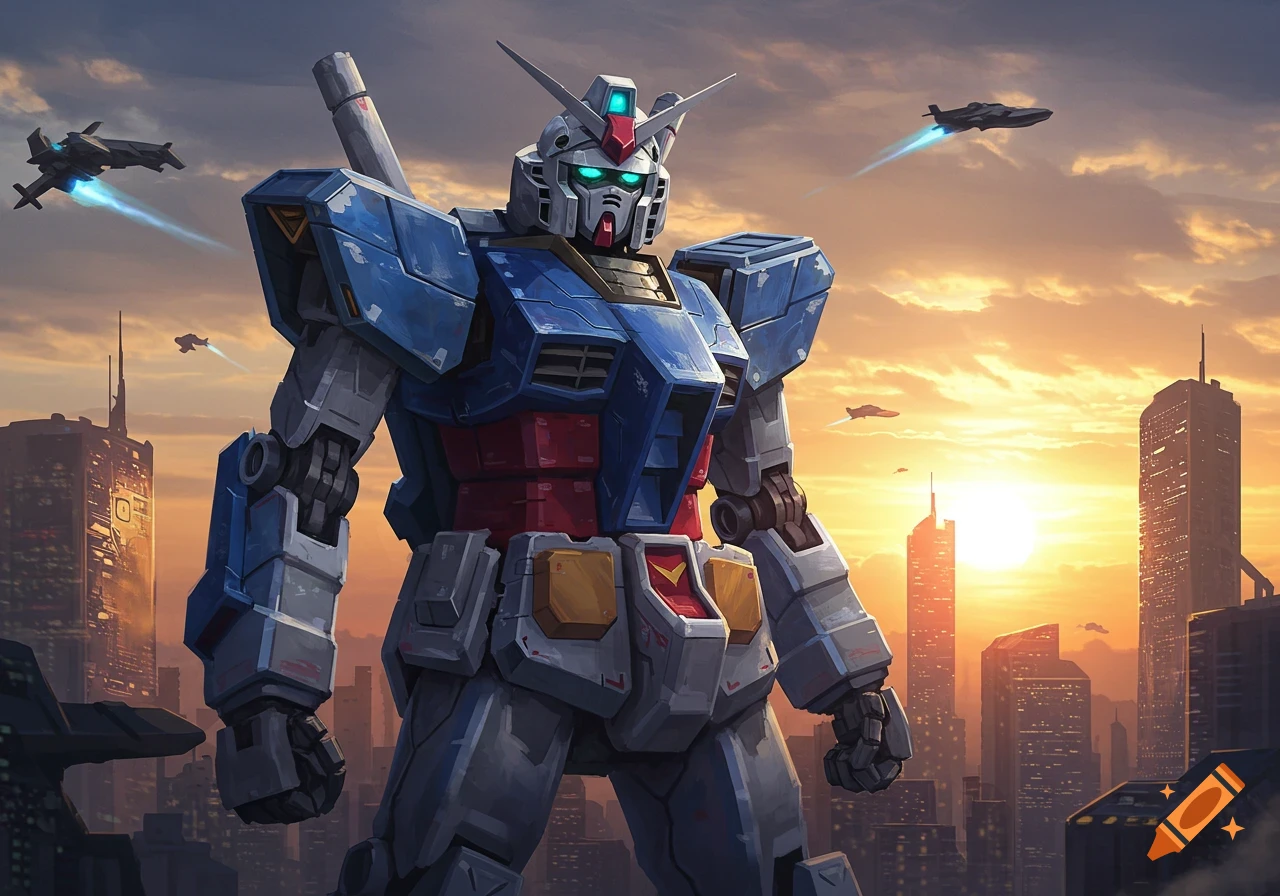 A large, blue and gray Gundam robot stands in a futuristic cityscape at sunset, with several small flying vehicles in the sky.