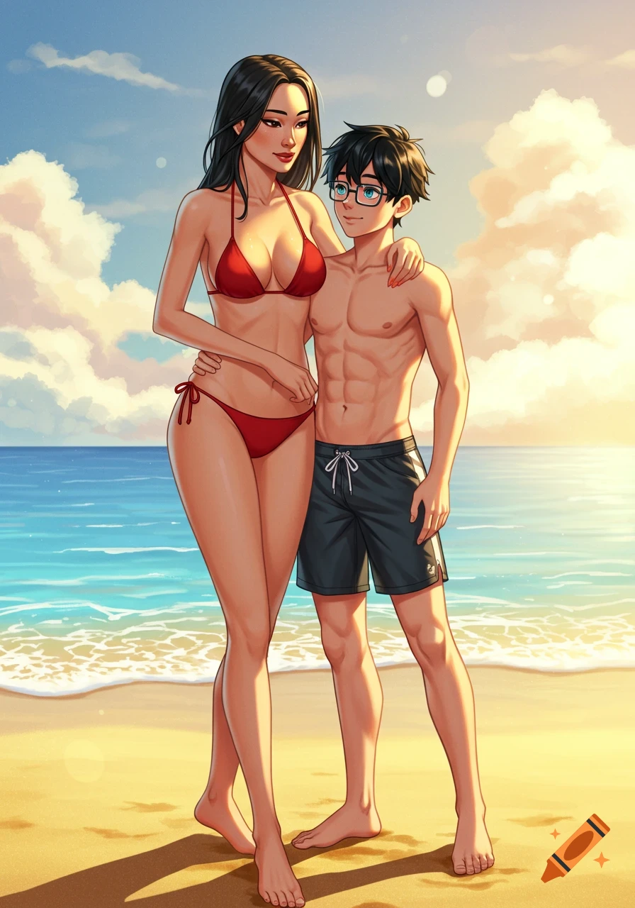 Digital art of a smiling Asian woman in a red bikini and a man in swim trunks embracing on a sunny beach.