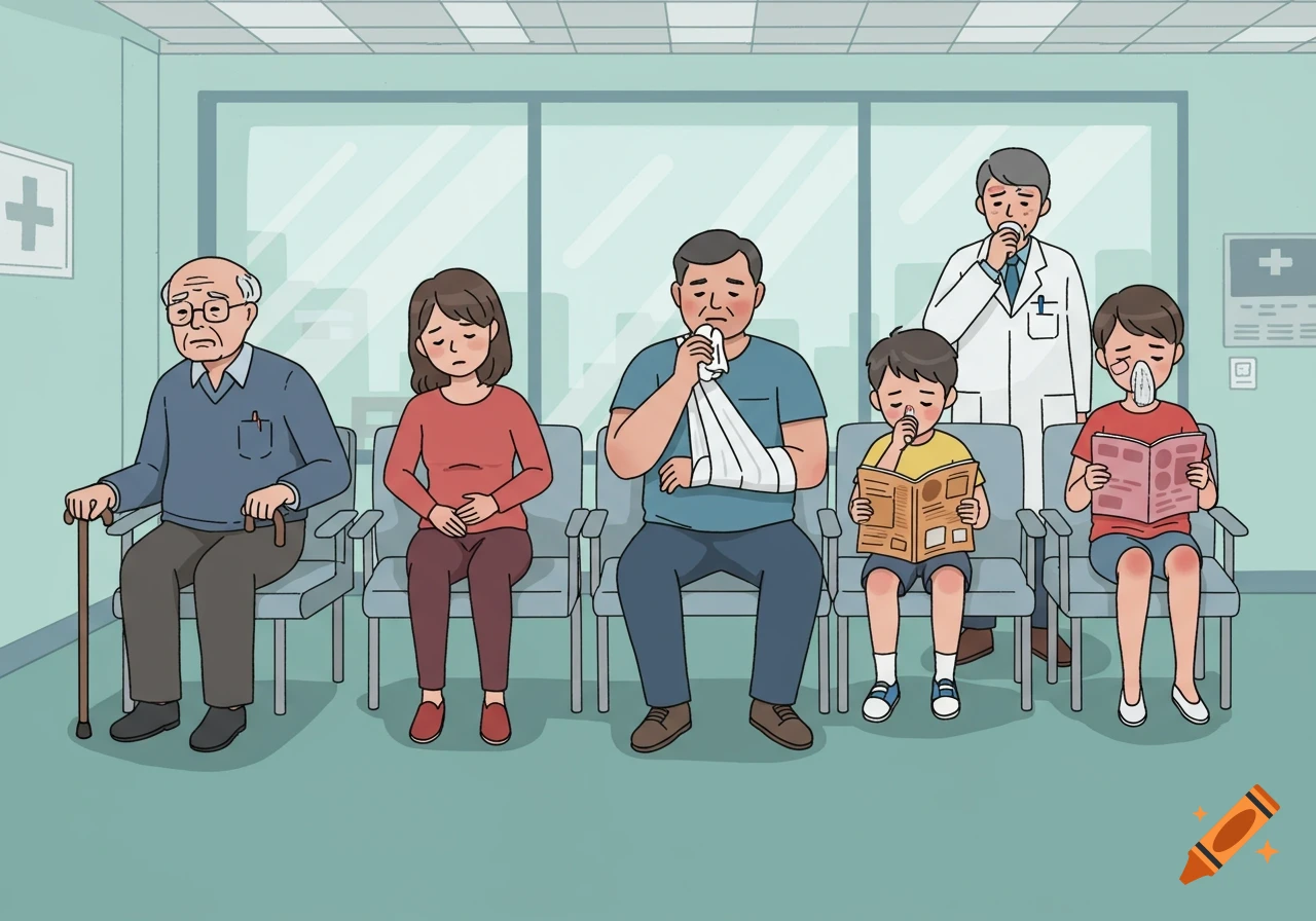 Cartoon illustration of patients with various ailments waiting in a doctor's office.