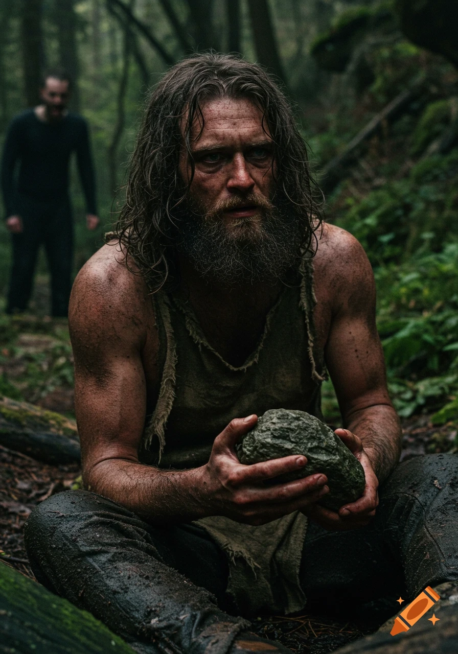 A disheveled man with a beard and long hair sits in a forest, holding a rock, with a shadowy figure in the blurred background. Photorealistic style.