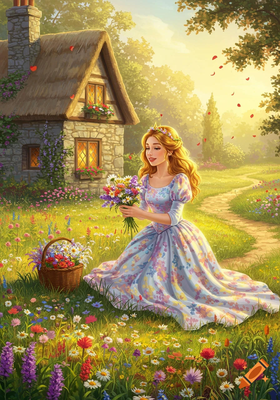 A smiling princess in a floral dress picks wildflowers near a thatched cottage in a vibrant, illustrative meadow.