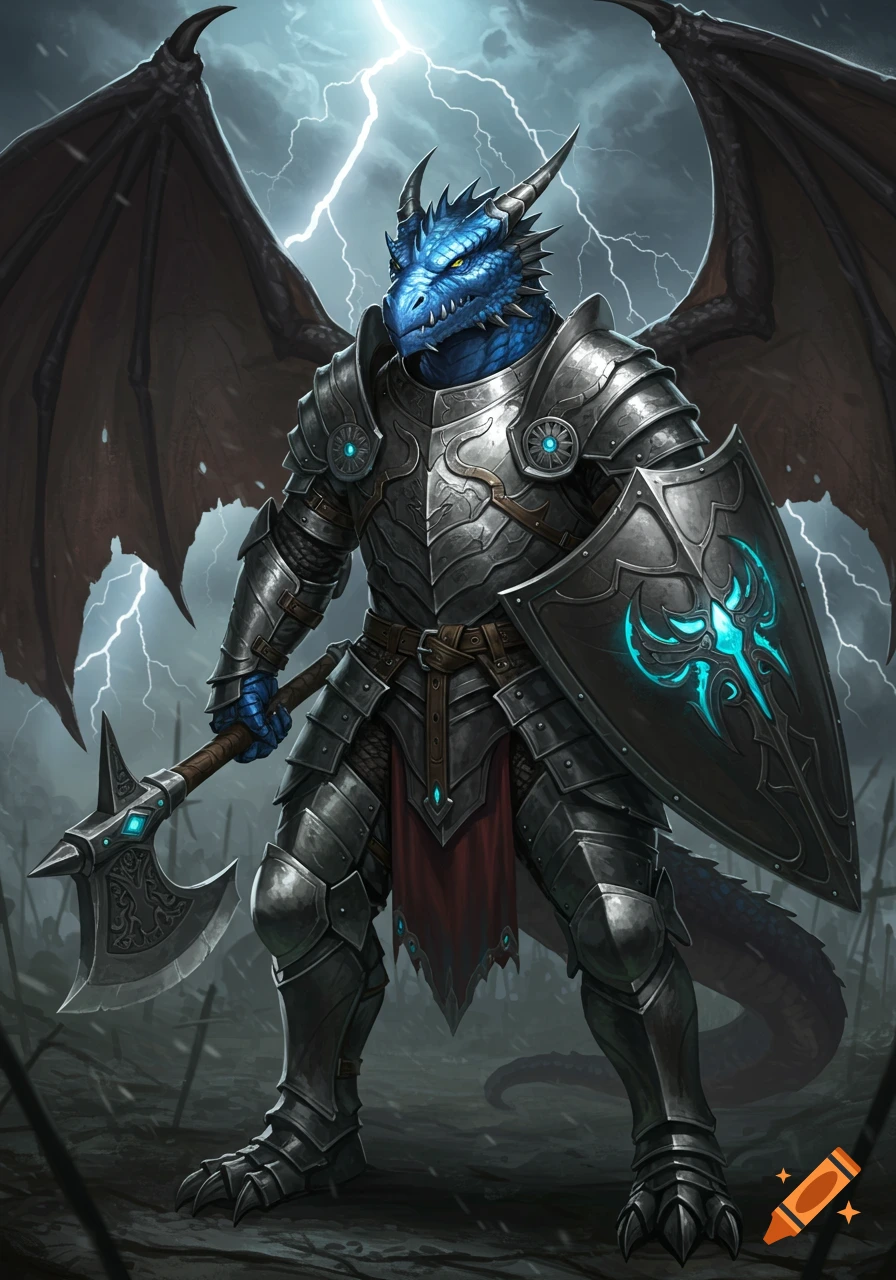 A blue draconian knight in detailed silver armor with glowing blue accents stands on a stormy battlefield, holding a battle-axe and shield.
