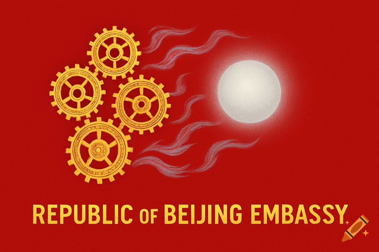 Fictional flag with four golden gears, a white sun, and 'REPUBLIC OF BEIJING EMBASSY' text on a textured red background.