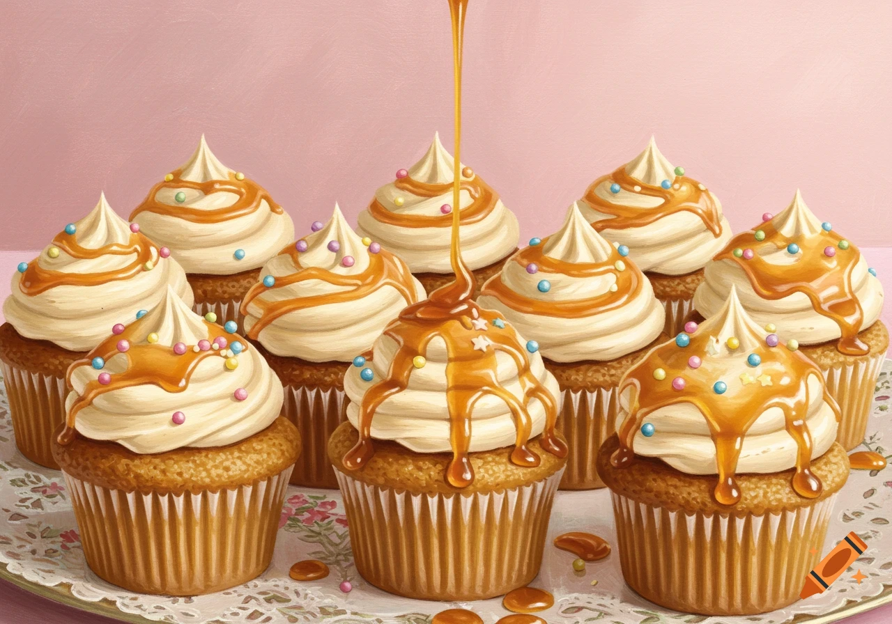 Vanilla cupcakes with creamy frosting, caramel drizzle, and colorful sprinkles on a doily-covered tray against a pink background.