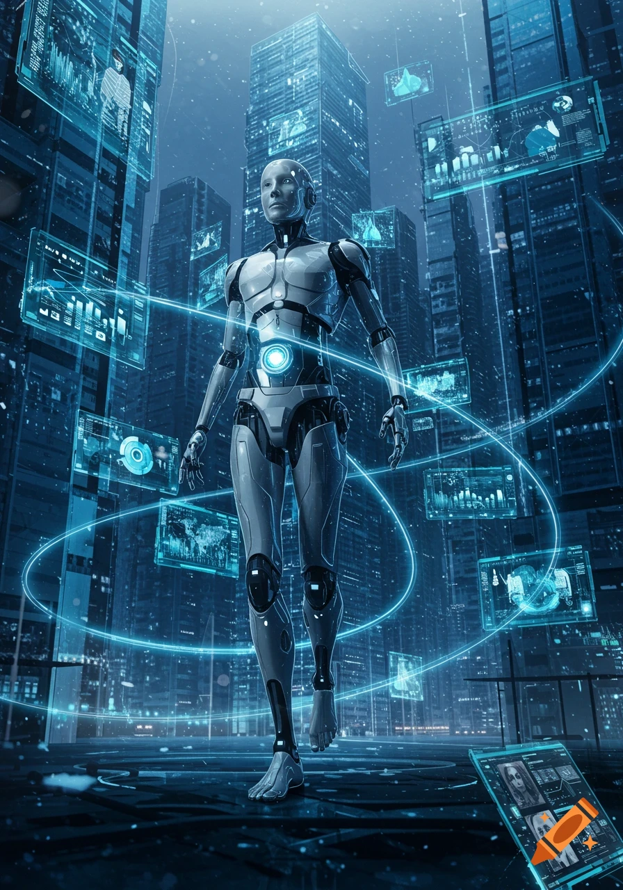 A photorealistic humanoid robot stands in a futuristic city surrounded by glowing blue data interfaces and city lights.