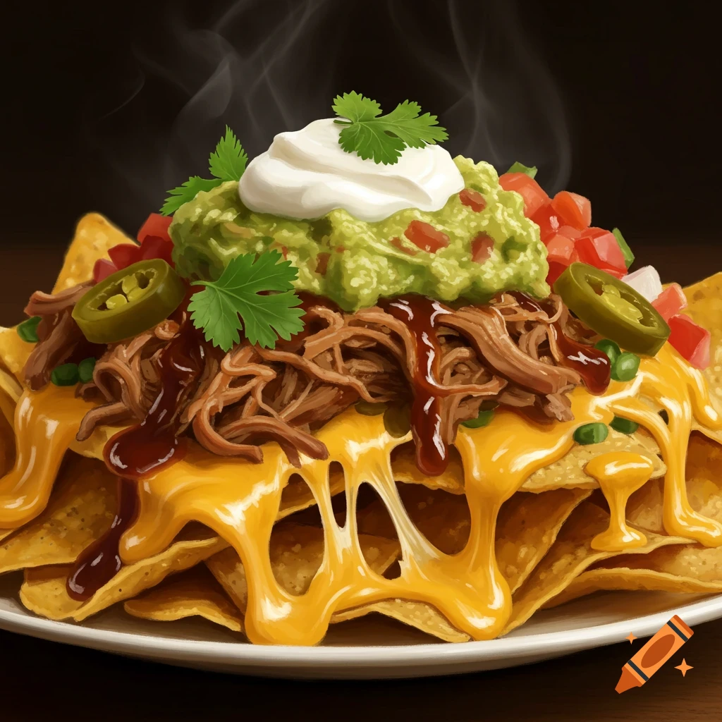 A plate of pulled pork nachos with melted cheese, guacamole, sour cream, jalapeños, tomatoes, and cilantro.