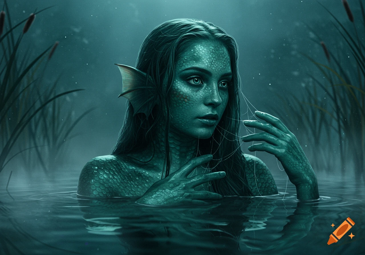 A woman with green scaly skin and finned ears emerges from dark water, surrounded by reeds in a misty, moonlit scene.