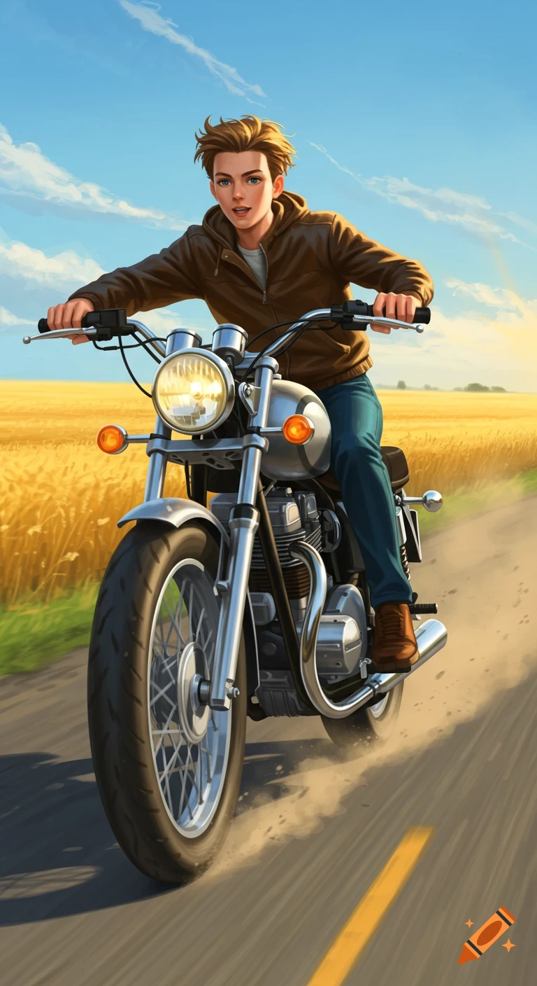 A tall teenage boy in a brown jacket rides a silver motorcycle on a dirt road through a golden wheat field under a blue sky, in an anime art style.