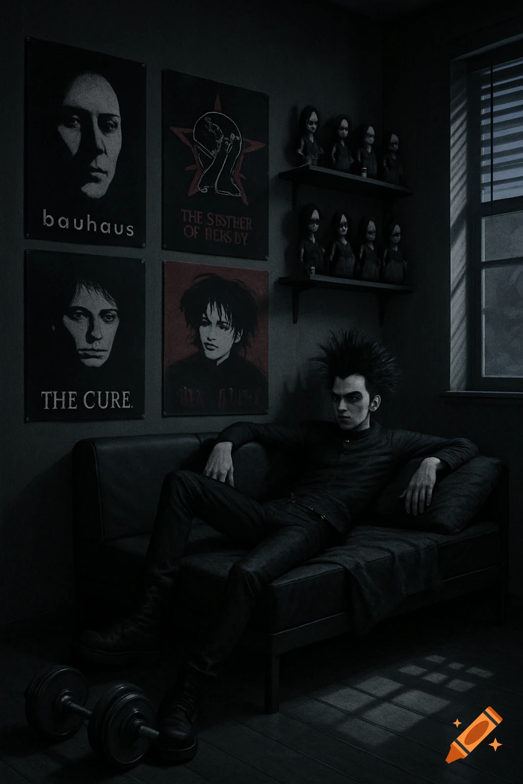 A gothic man with spiky hair and dark clothing sits on a black sofa in a dimly lit, dark room with band posters and gothic dolls on shelves. Dumbbells are on the floor.