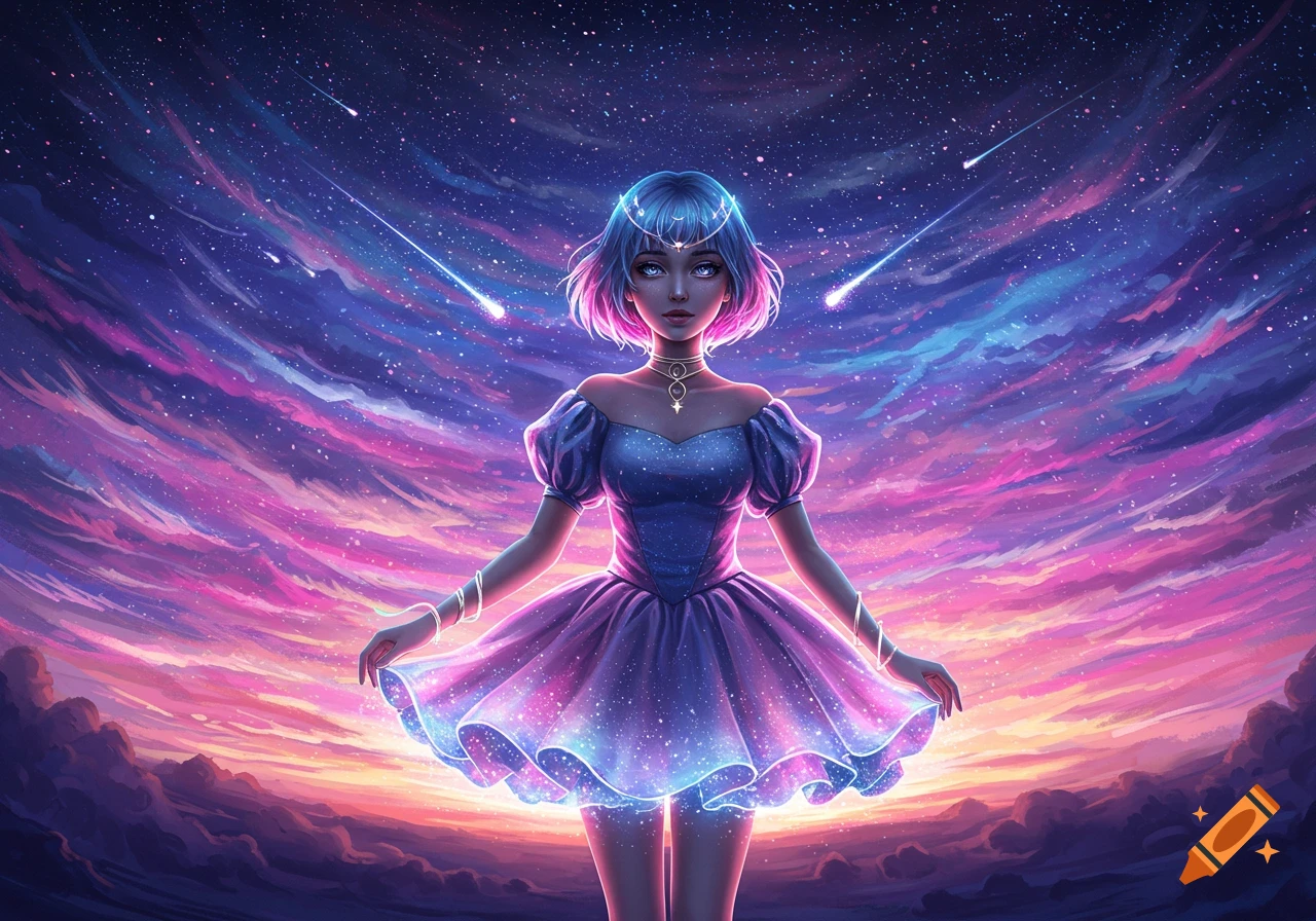 A stylized girl with glowing blue and pink hair, wearing a shimmering dress, stands under a vibrant, starry nebula sky with shooting stars.