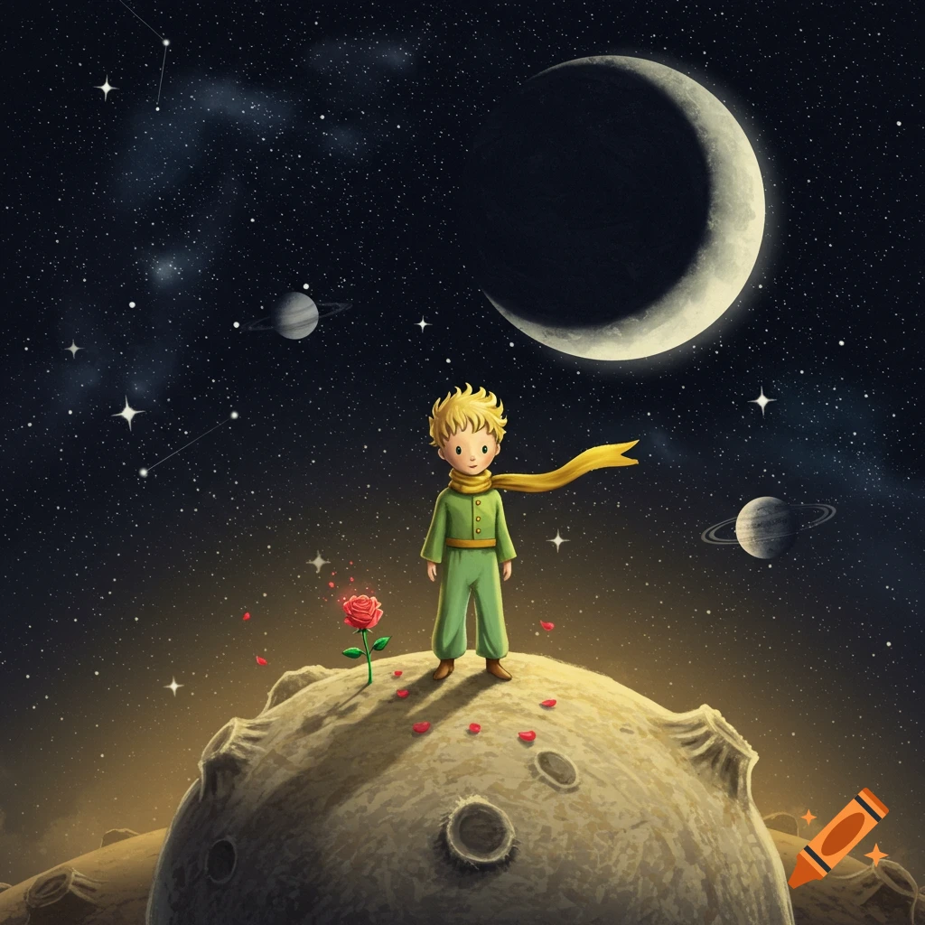 The Little Prince stands on a small, cratered planet with a single red rose, looking at a large crescent moon and a starry night sky with distant planets.