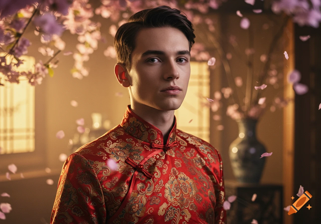 Photorealistic portrait of a young man in a red and gold patterned Qipao-style top, with pink blossoms falling around him.