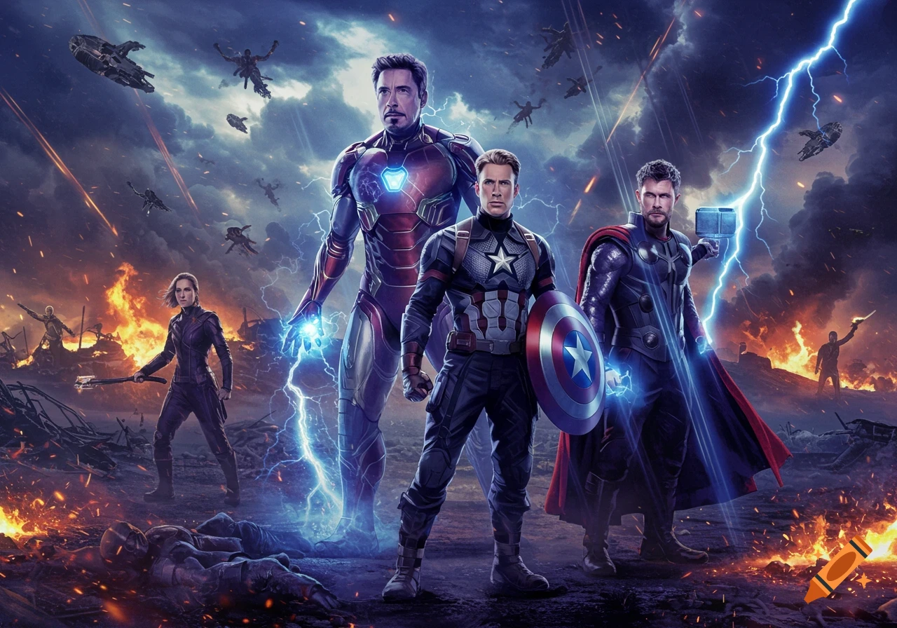 Iron Man, Captain America, Thor, and Black Widow stand heroically in a fiery, lightning-filled battleground with flying enemies.