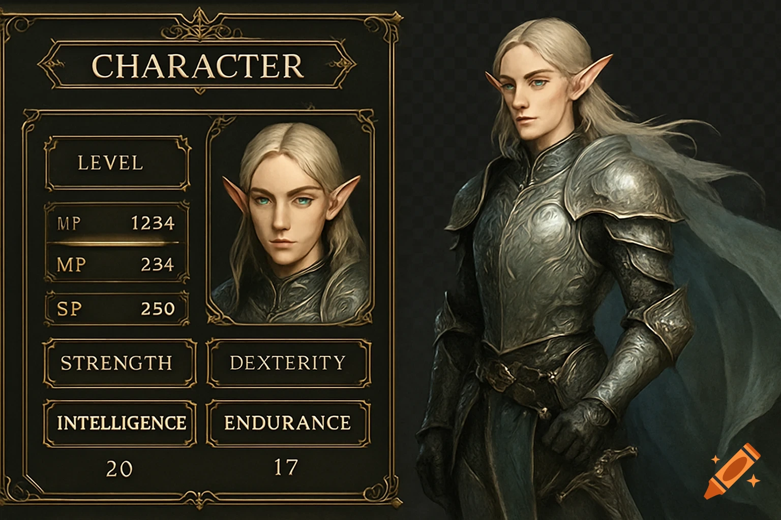A fantasy elf character in ornate armor beside a detailed game UI status screen with stats and a portrait.