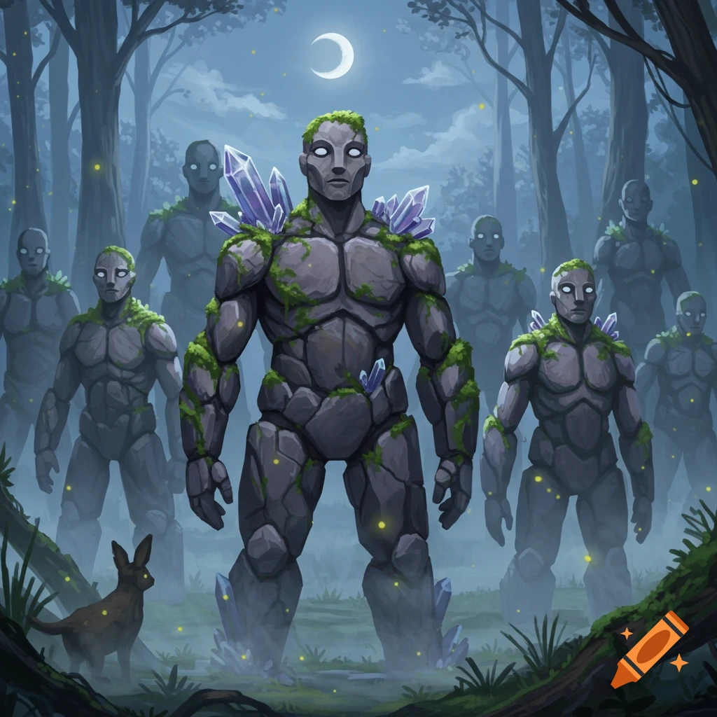 A group of moss-covered rock golems with glowing purple crystals stand in a misty, moonlit forest, with a small creature and fireflies.